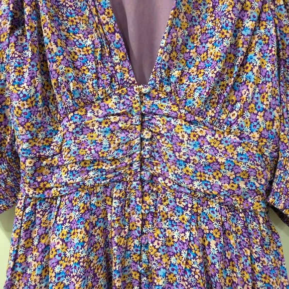 Zara Purple Blue Yellow Floral Puff Smocked Sleeve Sundress Mini, Deep Vneck, S - Picture 4 of 16
